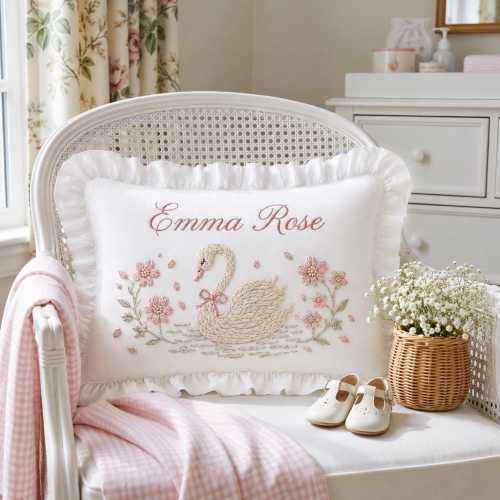 Personalized Swan Ruffle Pillow | Floral Nursery Cushion, Baby Girl Decor