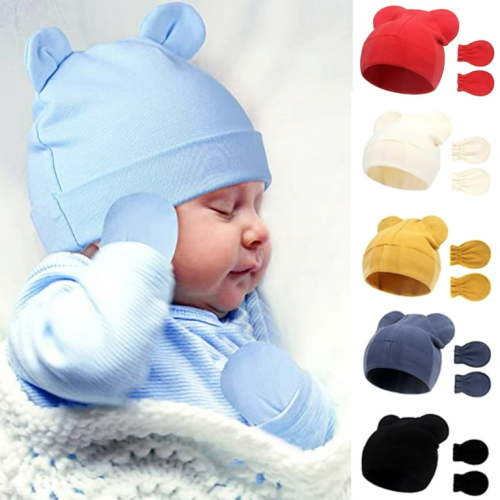 Newborn Baby Hats and Mittens Set, Winter Bear Ears Beanies No Scratch Mittens for Infant Newborn Boys Girls