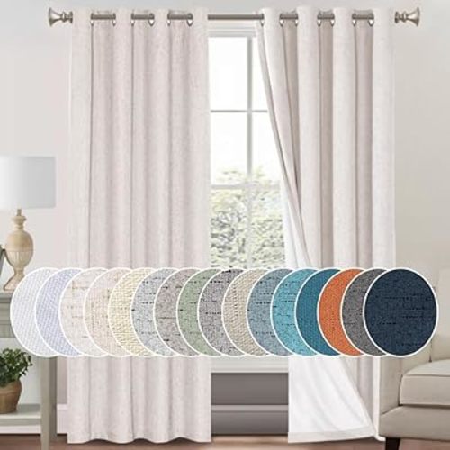 PrinceDeco Primitive Textured Linen 100% Blackout Curtains 2 PACK (52 x 96 in, Ivory)