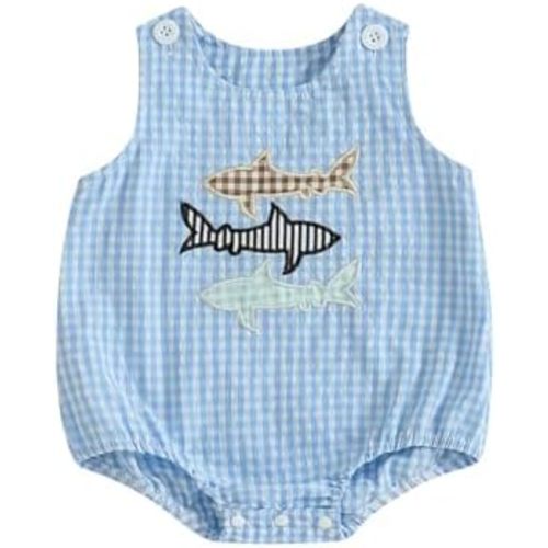Baby Boy Fishing Outfit Shark/Crab Embroidery Sleeveless Bubble Tank Top Newborn Bodysuit Infant Ocean Beach Clothes