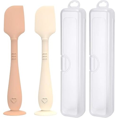 2 Pack Diaper Cream Spatula with Hygienic Travel Case, Butt Spatula Baby with Suction Base, Baby Butt Paste Spatula, Soft Silicone Diaper Rash Cream Applicator Large Size (Brown & Offwhite)