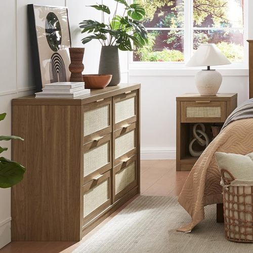 6 Drawer Dresser for Bedroom, Storage Rattan Cabinet, Boho Dresser Chest, TV Stand of Drawers, Wood Drawer Organizer for Living Room, Hallway (Special Walnut)