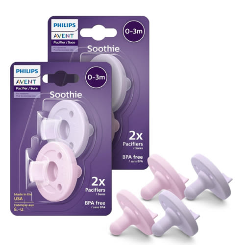 Philips Avent Soothie Orthodontic Baby Pacifiers, 100% Silicone Pacifiers, One Piece, BPA-Free, for Babies 0-3 Months, 2 Lilac and 2 Pink, 4 Pack, Model SCF190/70