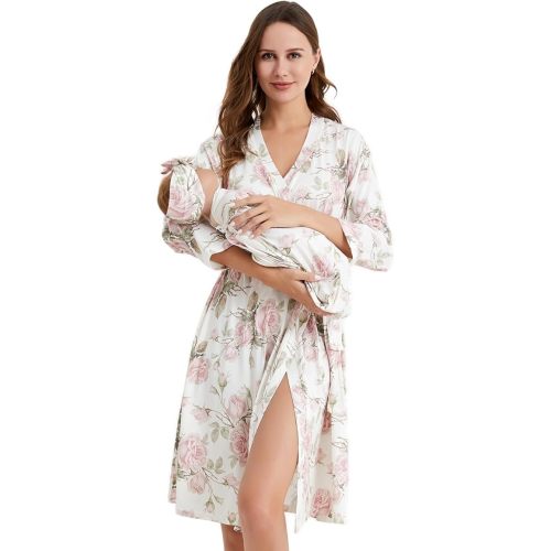 Galabloomer Maternity Robe and Baby Receiving Blanket, Matching Mommy Labor Delivery Robe and Swaddle Set Floral
