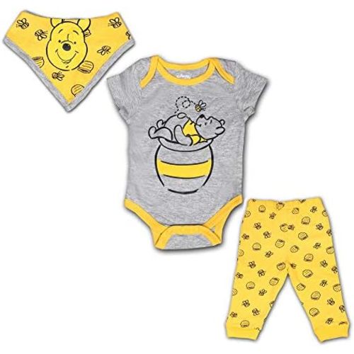 Disney Winnie the Pooh Baby Boys Short Sleeve Bodysuit, Joggers and Bib Set for Newborn – Yellow/Grey
