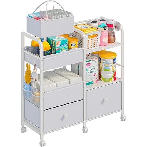 2 In1 Baby Diaper Caddy Organizers and Storage, 3-Tier Rolling Diaper Cart with Dividers and Clothes Rack, Mobile Utility Cart for Changing Table, Crib Nursery, Bedroom (White)