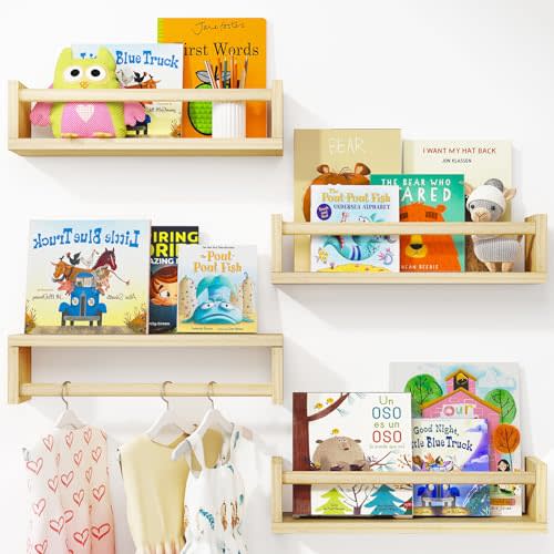 Fixwal Nursery Book Shelves, 16.5 Inch Floating Nursery Bookshelves, Set of 4, Wall Bookshelf for Kids Solid Wood Wall Mounted Shelves for Books,Toys and Decor Storage (Natural Wood)