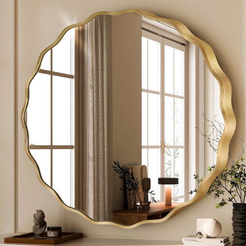 TEWLOSS 24inch Round Wavy Wall Mirror, Gold Metal Frame for Bathroom & Vanity Decor