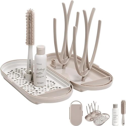 MOTHER-K Travel Baby Bottle Drying Rack Set, Including Bottle Brush and Travel Bottle, for Working Mom or Camping with Baby (Cream Mocha)