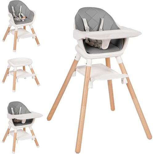 Baby High Chair, 6 in 1 Wooden Convertible High Chairs for Babies and Toddlers, Booster Seat with Double Tray & Reversible Footrest Baby Highchair, 5-Point Harness Baby Feeding Chair, Grey