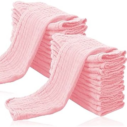 24 Pack Muslin Burp Cloths for Baby - Ultra-Soft 100% Cotton Baby Washcloths - Large 20'' by 10'' Super Absorbent Milk Spit Up Rags - Burpy Cloths for Unisex, Boy, Girl - Pink