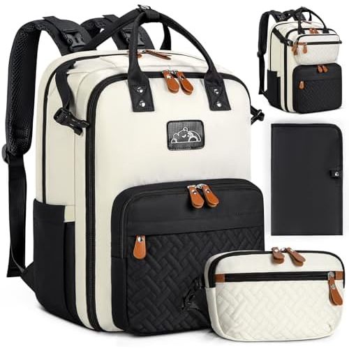 RAINSMORE Diaper Bag Backpack, Large Waterproof Baby Bag with Changing Pad, Detachable Crossbody Bag & Stroller Straps Travel Diaper Backpack for Moms Dads Unisex Baby Essentials Organizer