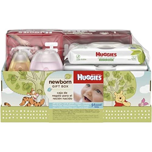 Huggies Newborn Gift Box - Little Snugglers Diapers (Size Newborn 24 Ct & Size 1 32 Ct), Natural Care Unscented Baby Wipes (96 Ct Total), and Johnson's Shampoo & Baby Lotion (Packaging May Vary)