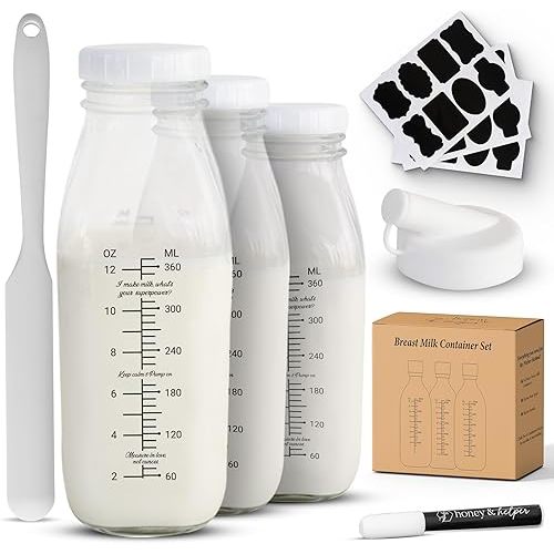 Breast Milk Pitcher | Set of 3 Glass Breastmilk Storage Bottles, Pour Spout & Silicone Spatula | Breast Milk Container w/ Chalkboard Labels & Pen | Ideal Breastmilk Storage Pitcher for Baby Shower
