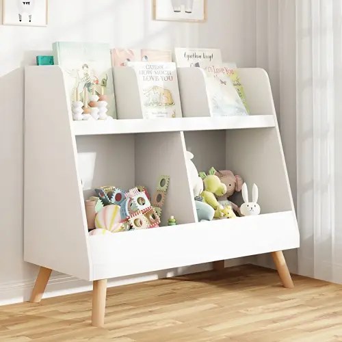 Kids Bookshelf and Toy Organizer, 5 Cubbies Wooden Open Bookcase, 2-Tier Baby Storage Display with Legs, Free Standing Bookshelf for Playing Room, Bedroom, Nursery, Classroom, White