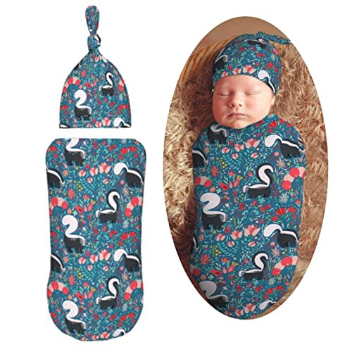 Muishi Cute Floral Skunks Newborn Swaddle Blankets Hat Sets Soft Baby Receiving Blanket Swaddle Sack for Baby Shower Infant Boy Girl Gift