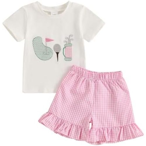 fhutpw Toddler Baby Girls Summer Clothes Smocked Short Sleeve T-Shirt Tops Ruffled Plaid Short Sets Cute Outfits 2Pcs
