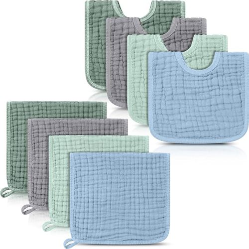 Tallew 8 Pack Muslin Burp Cloths and Baby Bibs for Boy Girl 20" x 10" Cotton Baby Bandana Drool Bibs Muslin Burp Cloths Absorbent Rag for Newborn Toddler Infant Gifts(Blue Series)