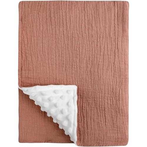 Muslin Baby Blanket for Newborn, Nursery Blankets with Muslin Cotton Front and Dotted Fleece Backing Double Layer Bed Throws, Soft Multi-use Blanket for Toddler Bed, Nursery, Stroller, Car Seat