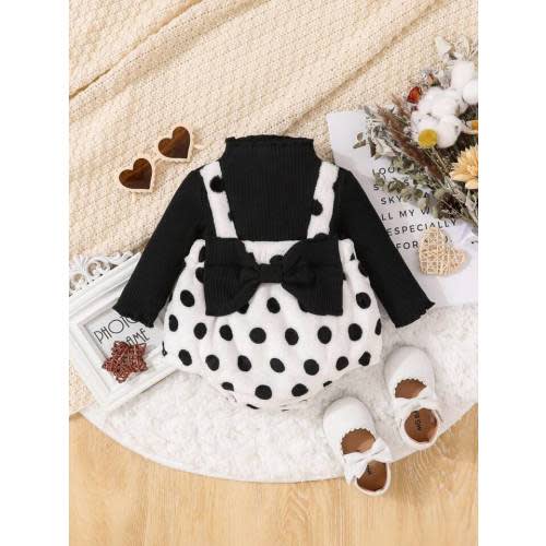 SHEIN Baby Girl Polka Dot Print Bow Front 2 In 1 Bodysuit: 6-9 Months