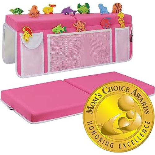Supa Ant Baby Bath Kneeler and Elbow Rest Pad Set - The Only Certified Extra Thick Bathtub Kneeler with Built-in 5 Pockets Organizer (8-Suction Cup) Bath Kneeling Pad for Bathing Baby (Pink)