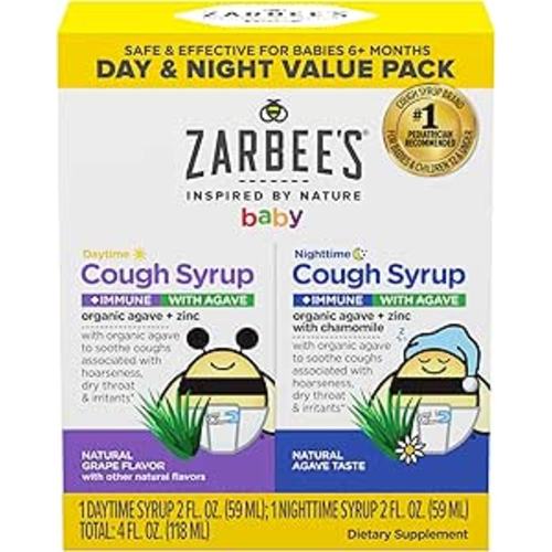 Zarbee's Baby Daytime & Nighttime Cough Syrup + Immune with Organic Agave + Zinc, Daytime Cough Syrup, Grape, & Nighttime Cough Syrup with Chamomile, Agave Taste, Two Pack, 2 x 2 fl. oz