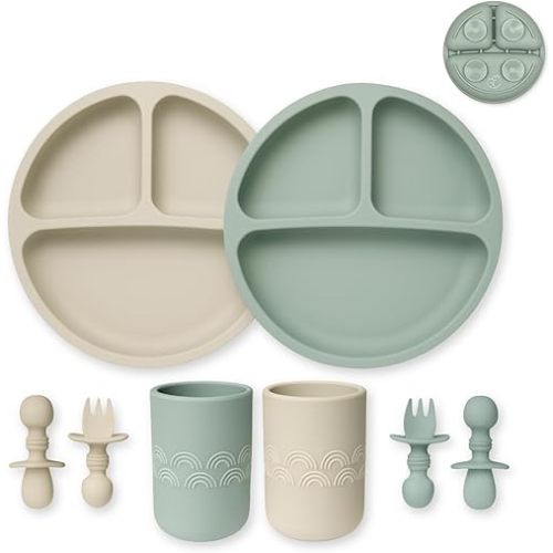 Hippypotamus Silicone Baby Feeding Set - Suction Toddler Plates, Weighted Toddler Cups & Baby-Safe Utensils - 100% Pure Food Grade Silicone - Set of 2 (Sage/Sand)
