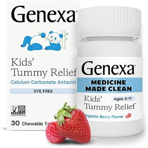 Genexa Kids’ Clean Dye Free Tummy Relief | Heartburn, Acid Indigestion, Sour Stomach Chewable Antacid | 0% Artificial Additives, Children’s Calcium Carbonate, Organic Berry Flavor, 30ct