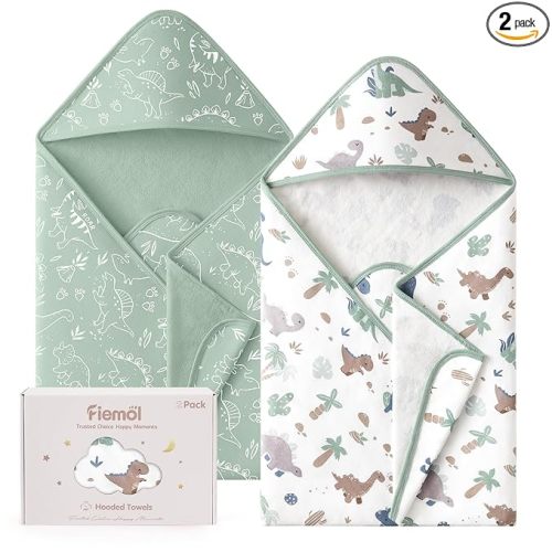 Hooded Baby Towels for Newborn,100% Cotton Baby Bath Towels with Hood for Infant Toddler Boy Girl, 2 Pack 32x32 Inch Soft & Absorbent Knit Terry Bath Essentials Green Dinosaur