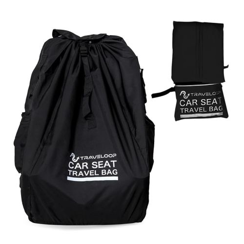 Car Seat Travel Bag for Airplane – Double-Closure Gate Check Bag for Car Seats with Padded Shoulder Straps, Rubberized Carrying Handle & Storage Pouch – 18x18x34in (Black)