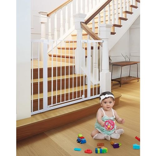 COMOMY 36" Extra Tall Baby Gate for Stairs Doorways, Fits Openings 29.5" to 46" Wide, Auto Close Extra Wide Dog Gate for House, Pressure Mounted Easy Walk Through Pet Gate with Door, White