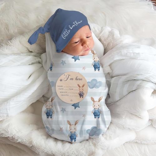 Ylsteed Baby Highland Cow Swaddle Blanket and Headband Set, Newborn Receiving Blanket Swaddle Wrap for Girls and Boys, Swaddling Blankets Neutral for Newborn 32 * 32 in (Rabbit Blue)