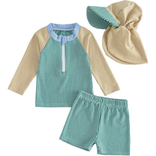 Toddler Baby Boys Seersucker Long Sleeve Swimsuit Trunks Bathing Suit Swimwear with Hat 3Pcs Rash Guard Set