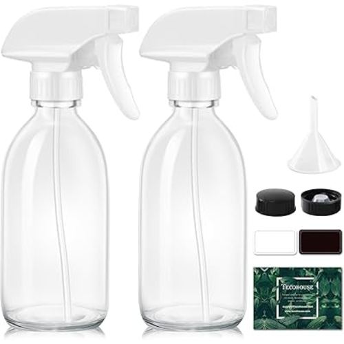 Glass Spray Bottle 8 oz, Clear Small Empty Refillable Sprayer Container with Labels, Funnel, Lids, Graduated Pipettes - Handheld Size