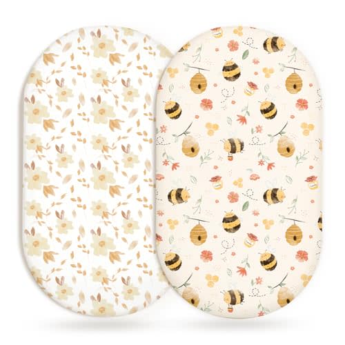 Bassinet Sheets for Baby Girls Boys 2 Pack, Fitted Baby Mattress Sheet for Rectangle, Oval, Hourglass Bassinet Mattress, Breathable Cozy & Universal Fit (Honeybee Dreams)