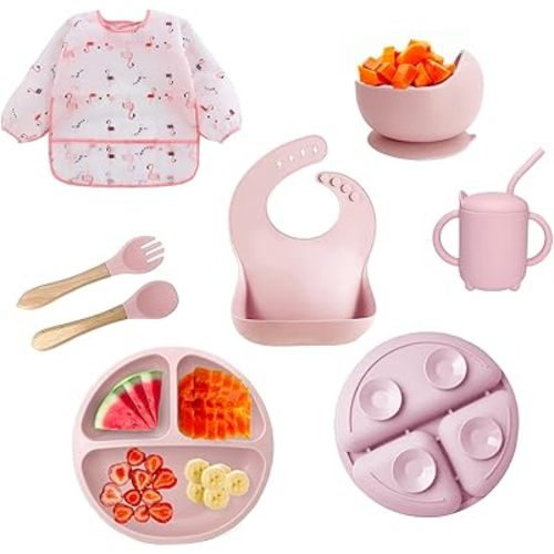 2025 Silicone Baby Feeding Set - Baby Spoons, Suction Bowl,Divided Plate Bib Cup Finger Brush - 6+ Months Food Grade-Pink