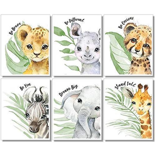 Baby Safari Animals Wall Art Prints - Nursery Decor - Set of 6-8x10 - Jungle Nursery Room Pictures for Baby Kids - Unframed - Watercolor