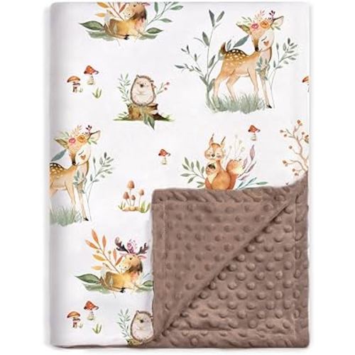 BOPRIO Baby Blankets for Boys Girls, Super Soft Nursery Minky Toddler Blankets with Woodland Animals and Leaves Design Dotted Fleece Backing, Warm Bed Throw for Newborn Infants Brown