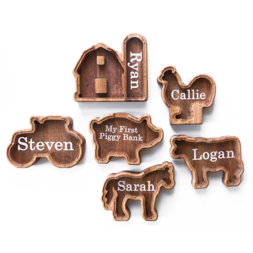 Animal Piggy Bank, Animal Shapes, Nursery Decor, Farm Animals, Wood Piggy Bank, Personalized Bank, Pig, Cow, Horse, Chicken, Barn, Tractor