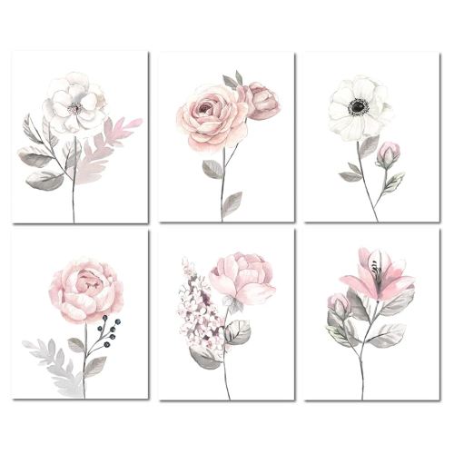 Lambs & Ivy Watercolor Floral Unframed Nursery Child Wall Art 6pc - Pink/Gray