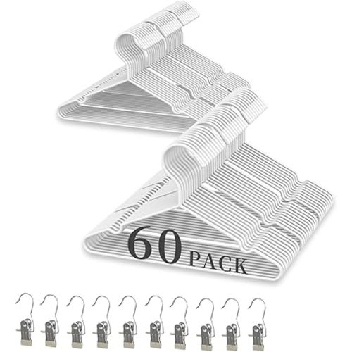 60Pack+10 Clips Kids Baby Luxurious Hanger Set ，Heavy Duty Matte White Metal Kids Baby Hangers Withstands 25 lbs