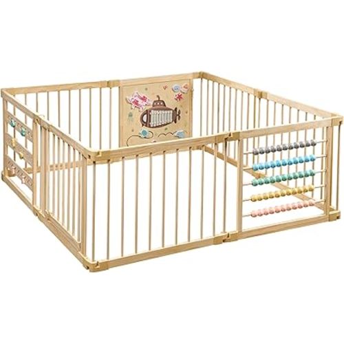 Wooden Playpen Extra Large for Toddlers and Babies - Under The Sea Theme Toy Desighn - (8/10) Wood Panels - Foldable and Adjustable Baby playpen - Extra Large Baby playpen (8-Panels)