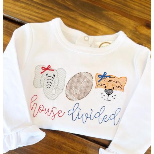 House Divided Girl Elephant Tiger Football Shirt, Toddler Outfit, Elephant Tiger Bodysuit, Football Bubble, Personalize