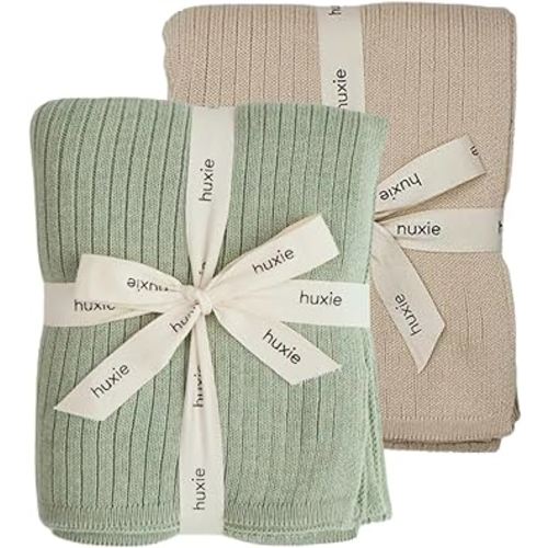 Denmark - Knitted Baby Blankets - Soft and Cozy 100% Organic Cotton Receiving Baby Blanket for Boys and Girls - Ideal for Stroller and Crib, 30 x 40 inch - 2-Pack (Fog and Roman Green)