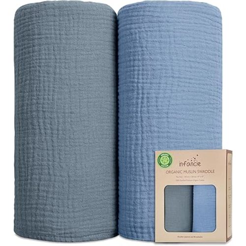 Organic Cotton Muslin Baby Blanket - 47x47 Inch Breathable Swaddle, Hypoallergenic Double-Layer, Versatile Use (Slate/Aquarius)