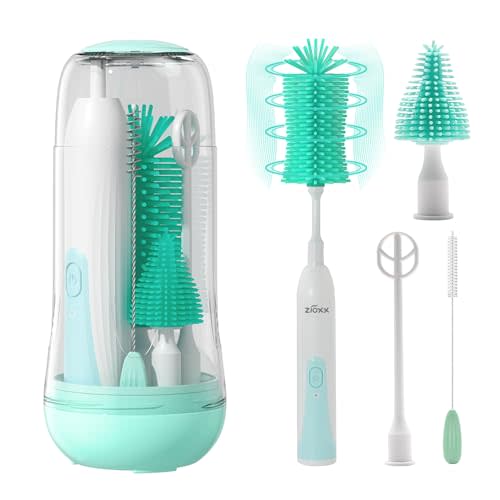Electric Bottle Brush Cleaner, Portable Electric Baby Bottle Brush Cleaner for Travel, Rechargable Travel Bottle Cleaner Kit with Nipple & Straw Brush, Perfect Mom Essentials After Birth Gift, Green