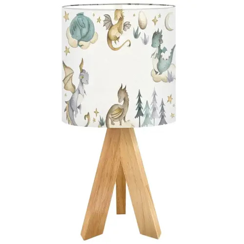 Tripod Bedside Desk Table Lamp Dragon Baby Animals Watercolor Wood Nightstand Lamp with Linen Fabric Shade for Nursery Bedroom Living Room Kids Room