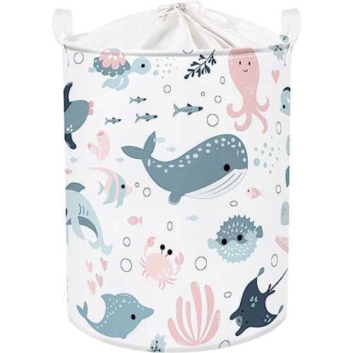 Clastyle 45L Marine Animals Bubbles Kid Laundry Basket with Lid Foldable Sea Shark Mermaid Dirty Clothes Hamper Round Toy Clothes Pool Beach Towel Basket