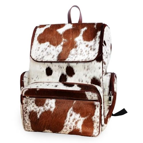 LP-FACON Western Cowhide Leather Diaper Backpack | Cow Print Cute Shower Gifts For Mom | Large Travel Bag Brown & White