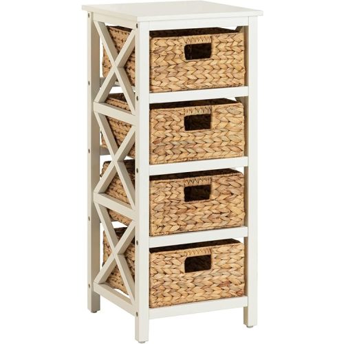 eHemco 4 Tier X-Side End Storage Cabinet with 4 Wicker Baskets, White